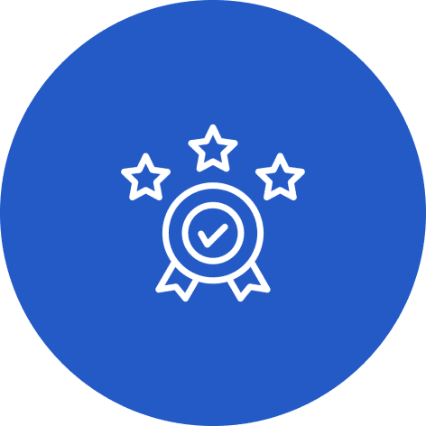 Award badge with stars on blue background.