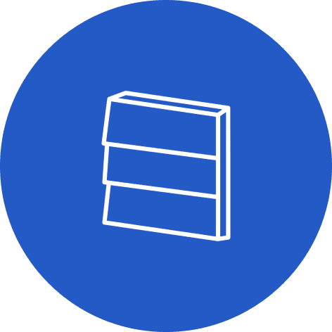 White abstract icon on blue circle background.